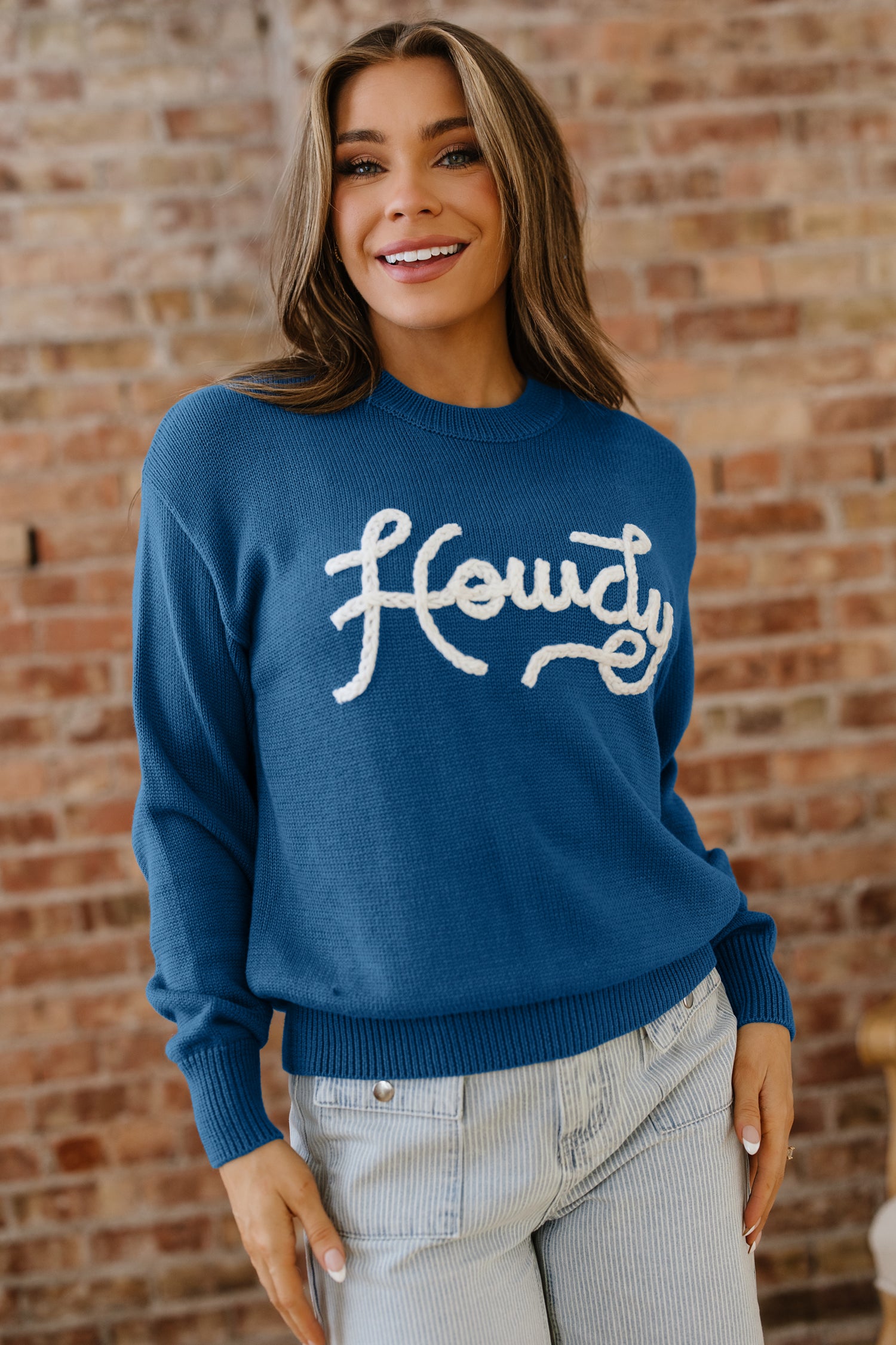 Dusk Blue Howdy Embroidered Graphic Western Sweater-TOPS / DRESSES-[Adult]-[Female]-2022 Online Blue Zone Planet