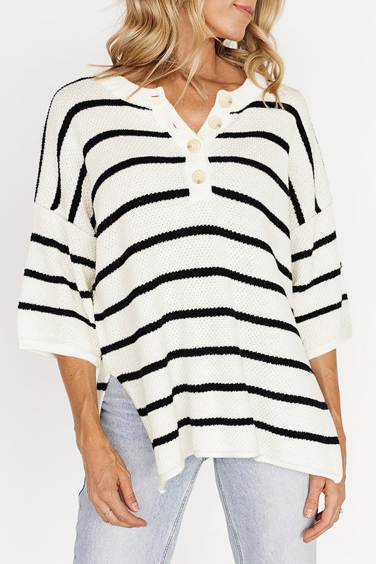 White Stripe Henley Buttoned Placket Drop Shoulder Bracelet Sleeve Knit Sweater Tee-TOPS / DRESSES-[Adult]-[Female]-White Stripe-S-2022 Online Blue Zone Planet