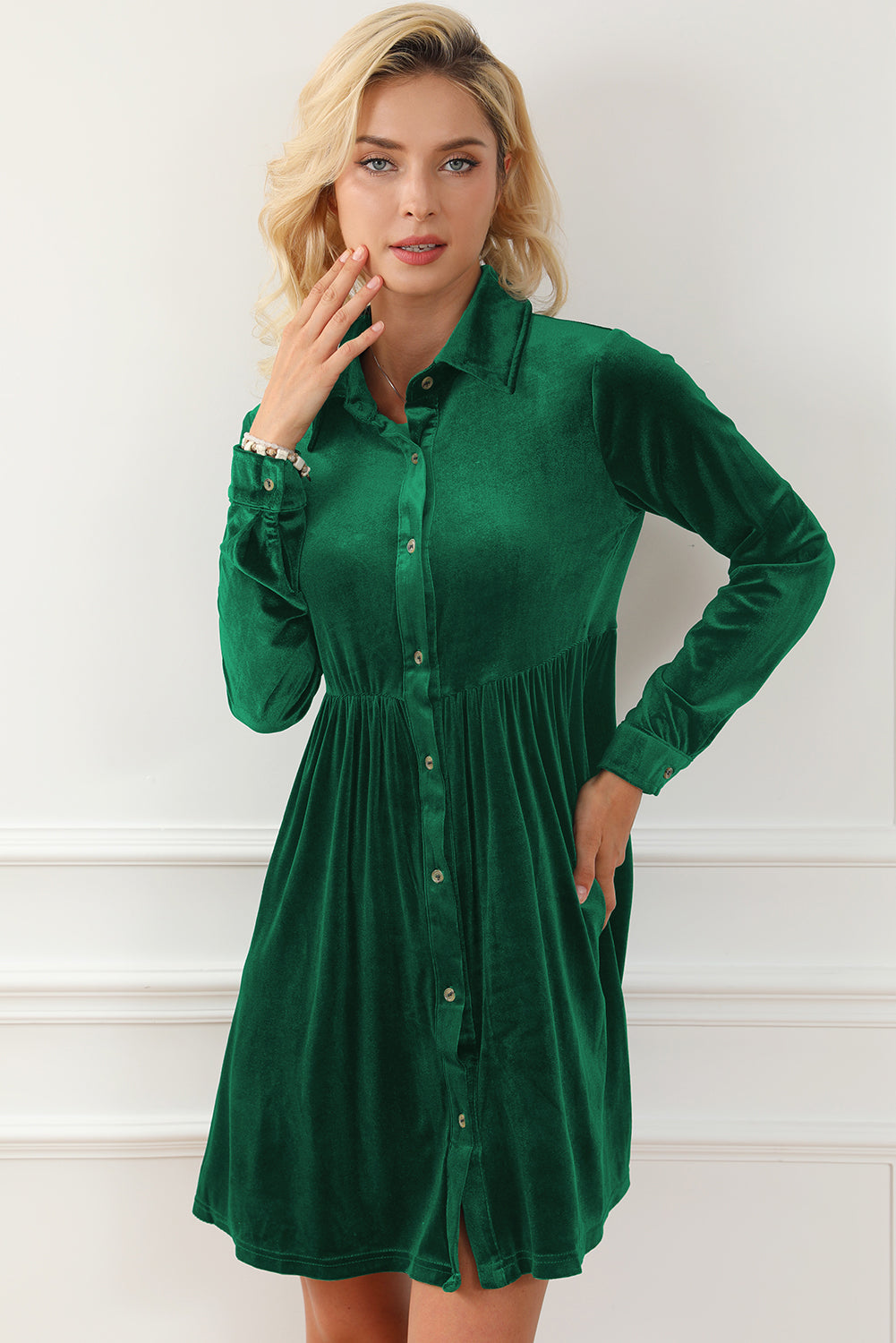 Blue Zone Planet | Green Long Sleeve Ruffle Velvet Button Up Dress-TOPS / DRESSES-[Adult]-[Female]-2022 Online Blue Zone Planet