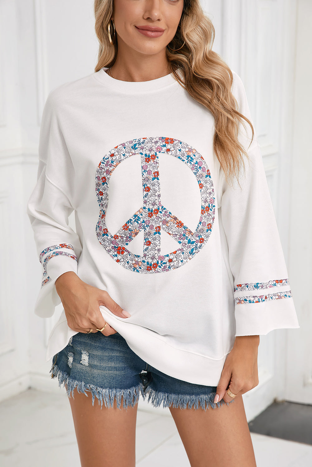 Light Pink Floral Peace Sign Drop Shoulder Top-Long Sleeve Tops-[Adult]-[Female]-2022 Online Blue Zone Planet