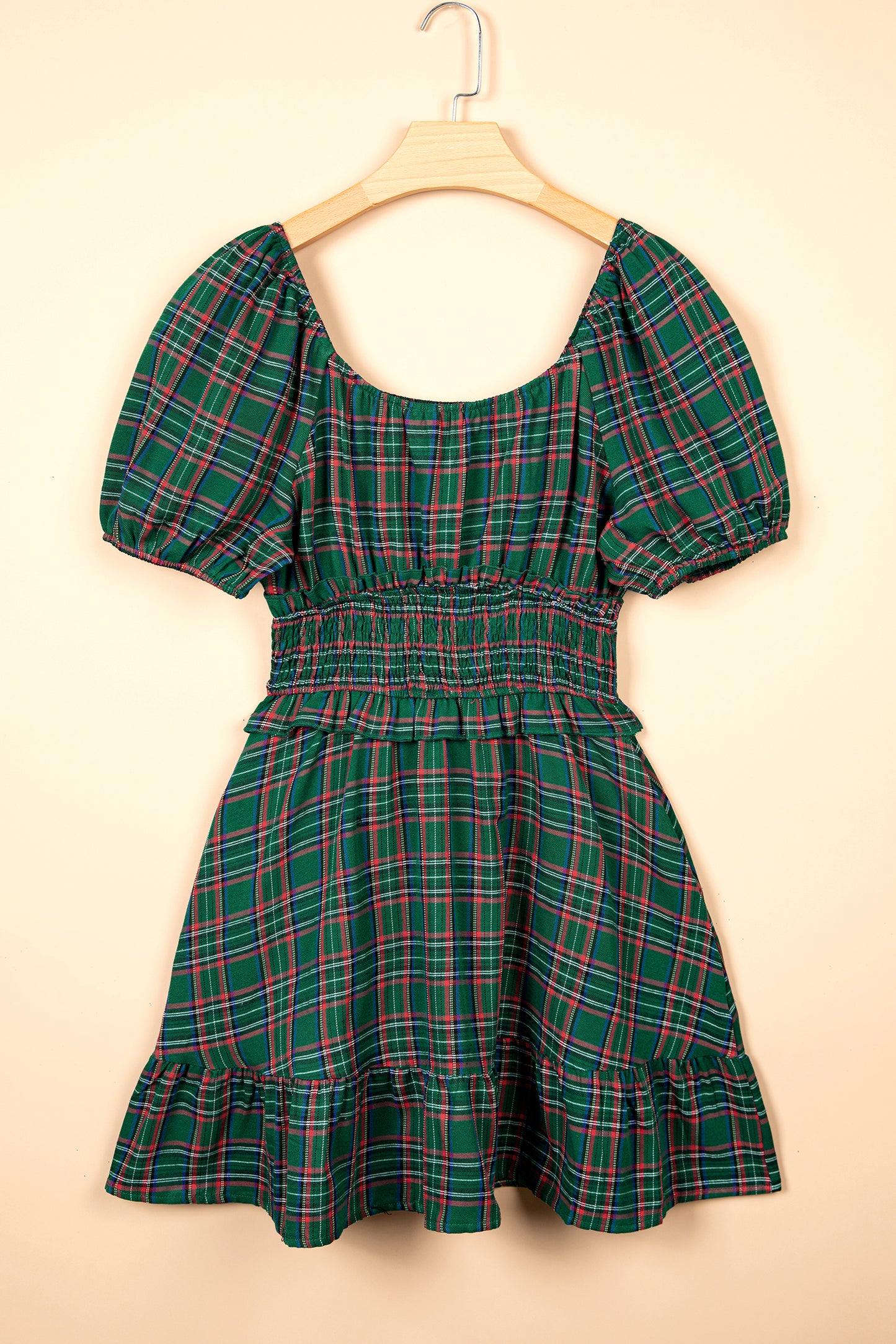 Green Plaid Shirred U Neck Short Sleeve Mini Dress-TOPS / DRESSES-[Adult]-[Female]-2022 Online Blue Zone Planet
