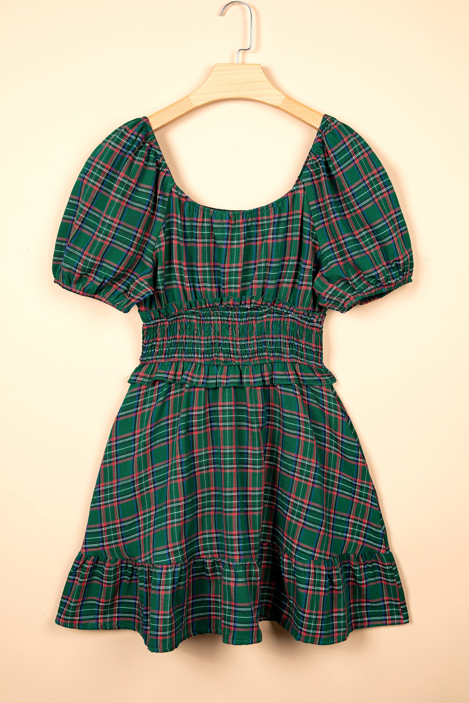 Green Plaid Shirred U Neck Short Sleeve Mini Dress-TOPS / DRESSES-[Adult]-[Female]-2022 Online Blue Zone Planet