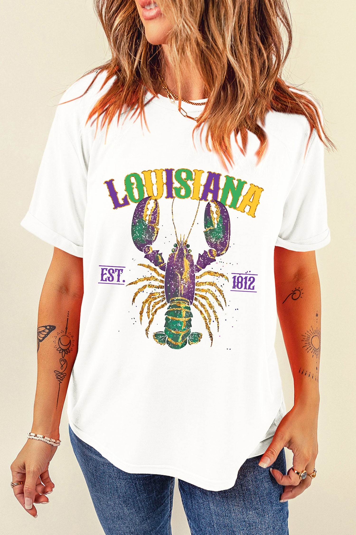 White LOUISIANA Mardi Gras Crayfish Printed Casual T Shirt-Graphic Tees-[Adult]-[Female]-2022 Online Blue Zone Planet