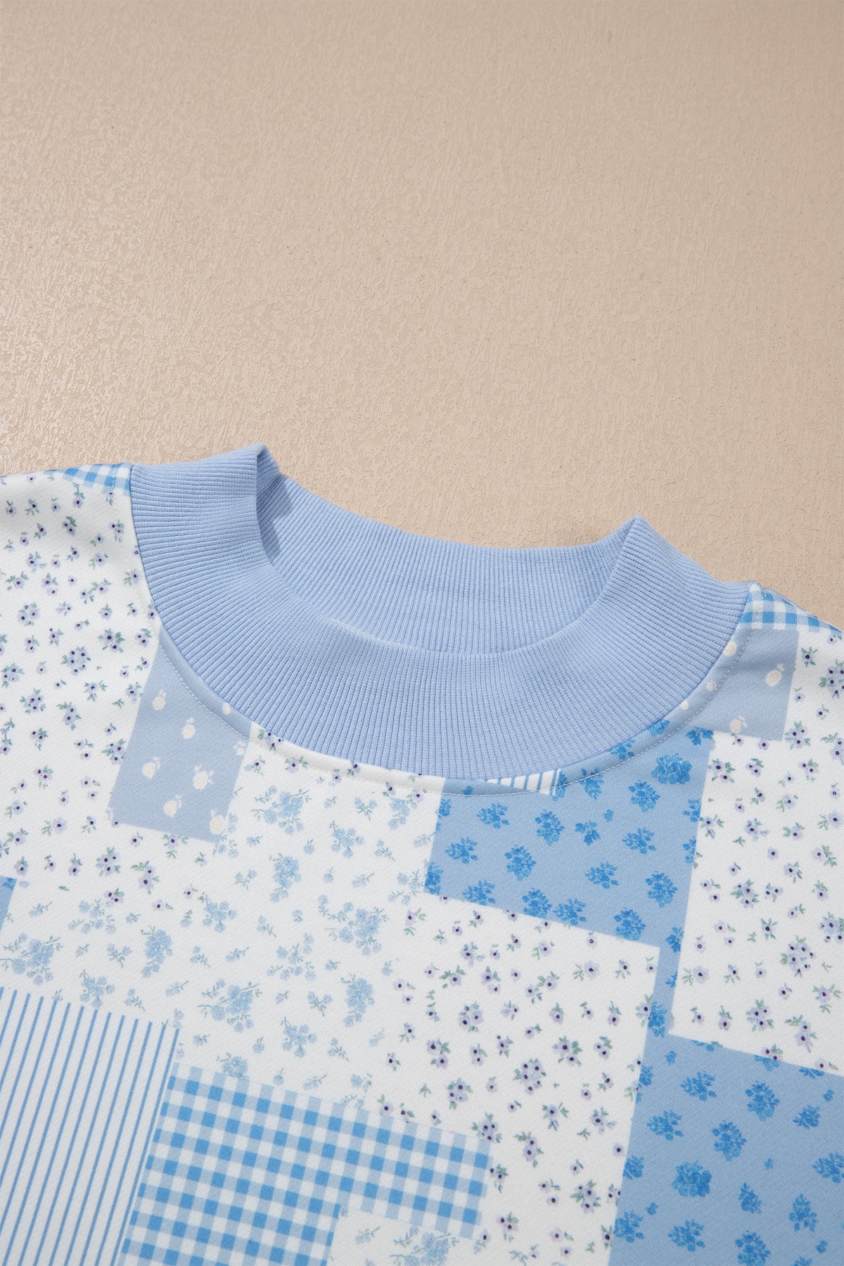 Sky Blue Patchwork Floral Print Stand Neck Long Sleeve Two-piece Outfit Plus Size Set-Plus Size/Plus Size Loungewear-[Adult]-[Female]-2022 Online Blue Zone Planet