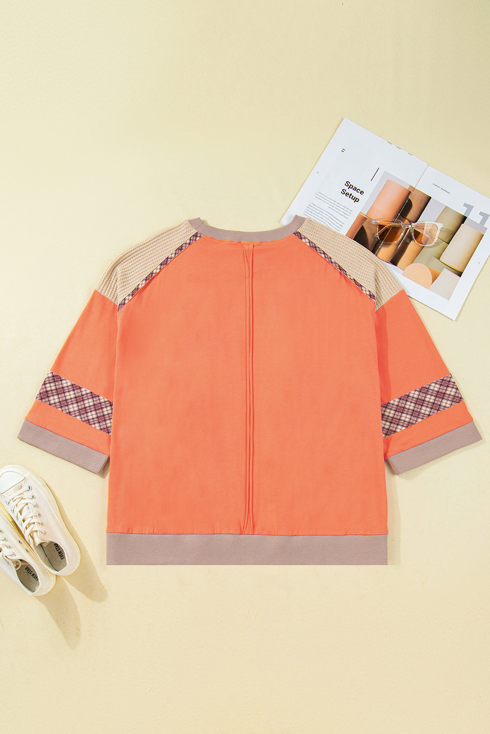 Grapefruit Orange Plaid Flower Waffle Patched Plus Size 3/4 Sleeve Top-Plus Size/Plus Size Tops/Plus Size Long Sleeve Tops-[Adult]-[Female]-2022 Online Blue Zone Planet