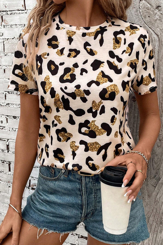 Apricot Leopard Print Round Neck Casual T Shirt-Tops/Tops & Tees-[Adult]-[Female]-Apricot-S-2022 Online Blue Zone Planet