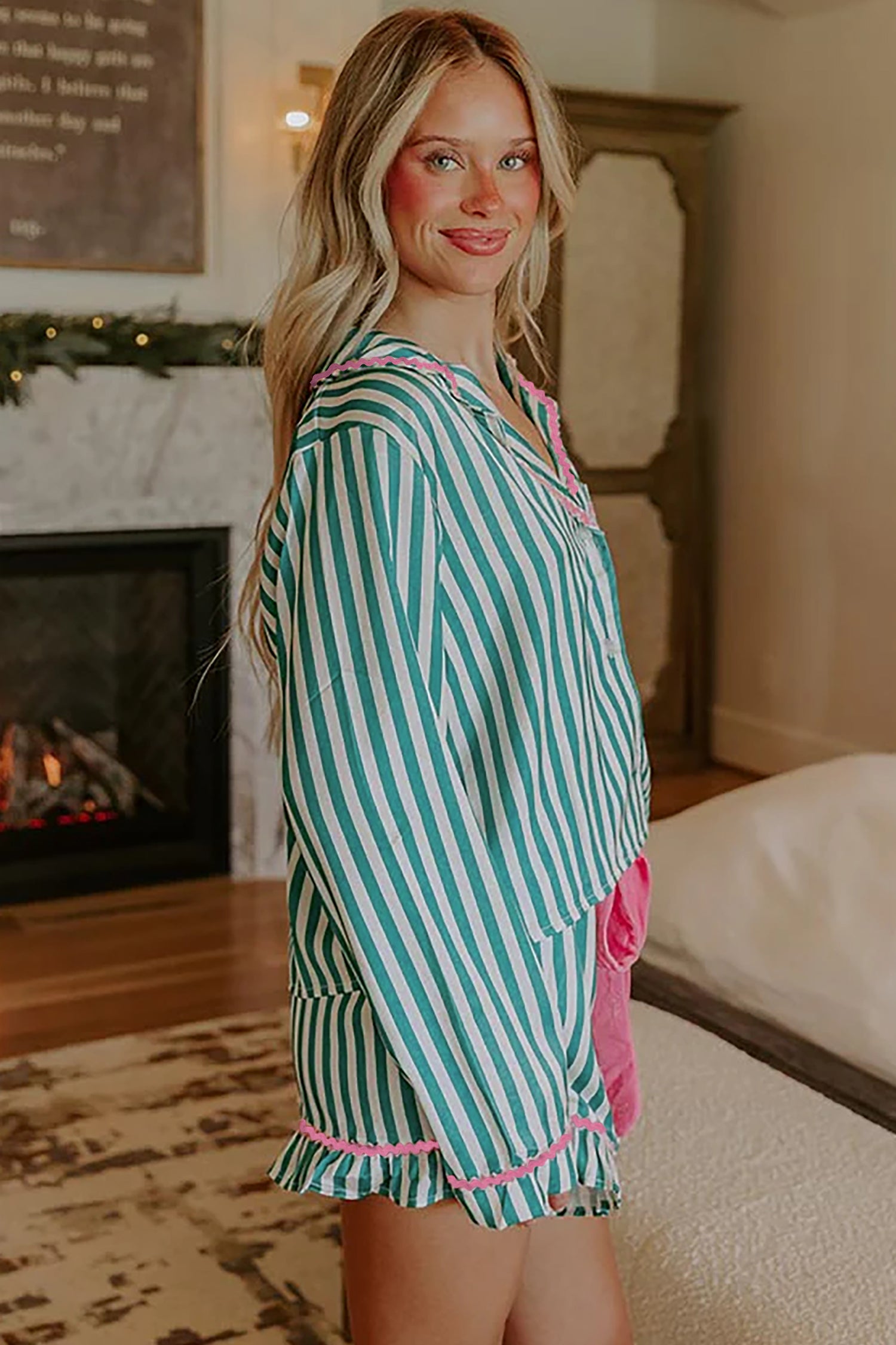 Green Stripe Contrast Ricrac Trim Long Sleeve Shirt Drawstring Ruffled Pajama Short Set-Loungewear & Sleepwear/Sleepwear-[Adult]-[Female]-2022 Online Blue Zone Planet