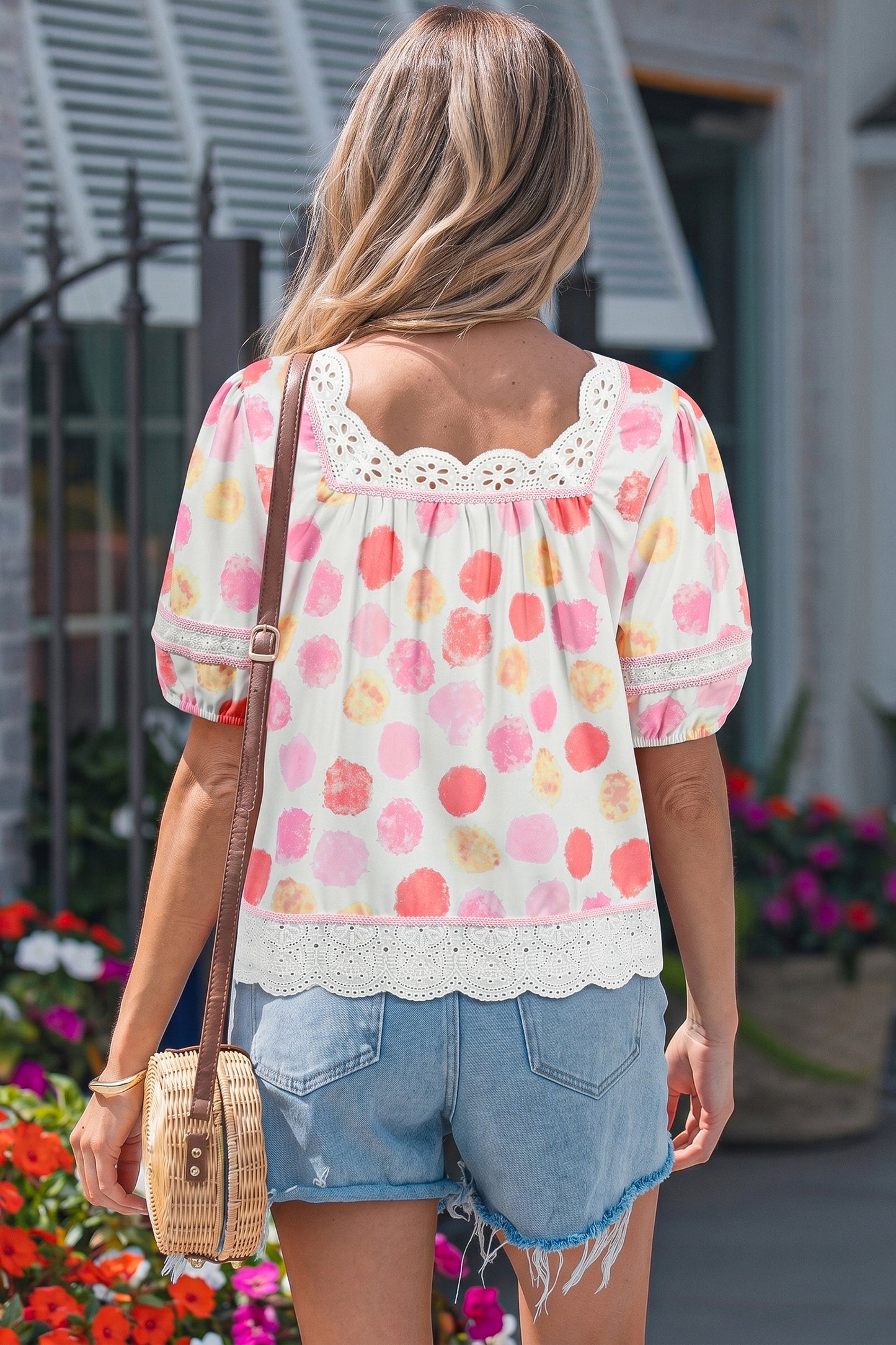 Pink Polka Dot Lace Trim Square Neck Puff Sleeve Blouse-Tops/Blouses & Shirts-[Adult]-[Female]-2022 Online Blue Zone Planet