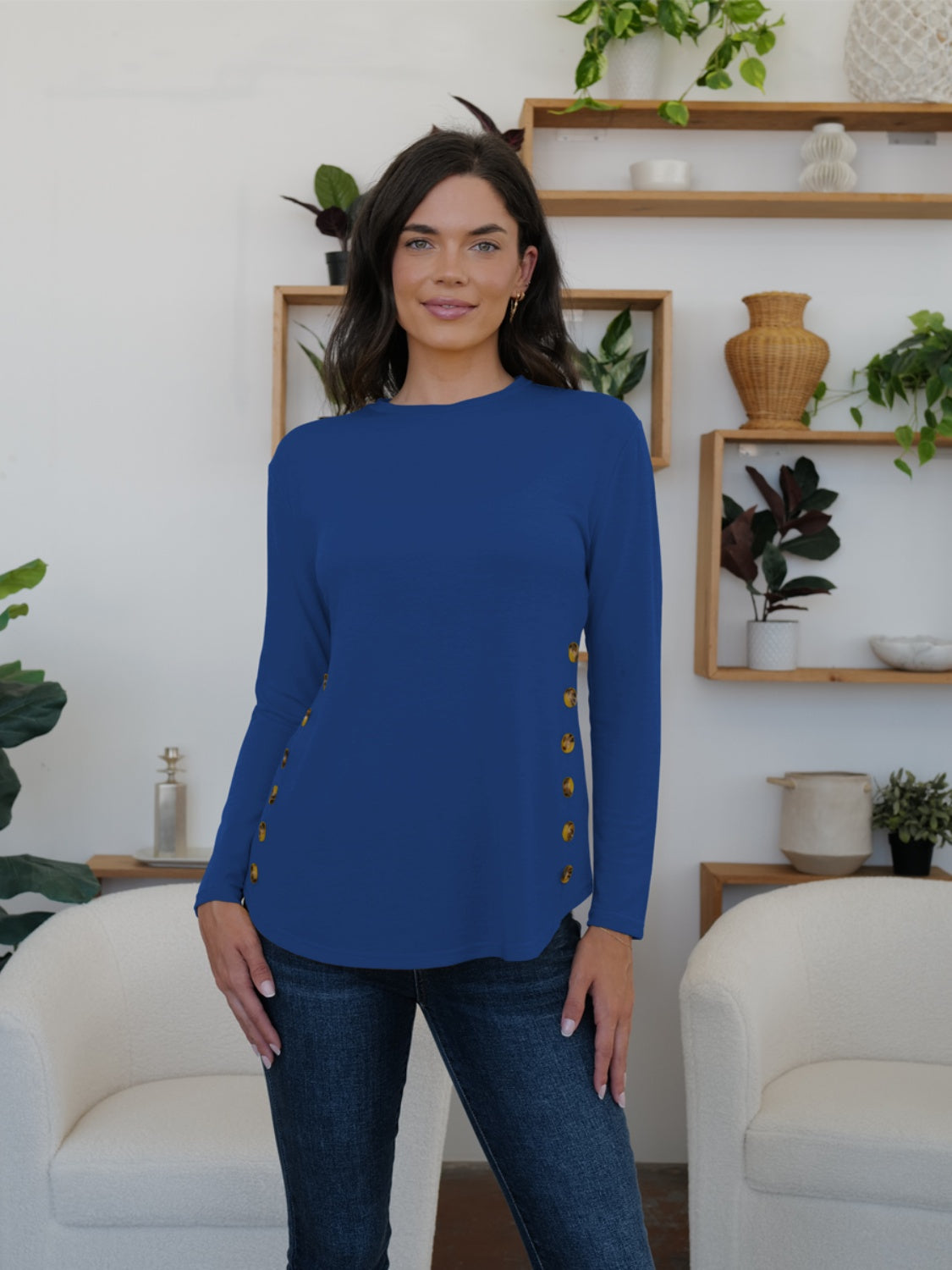 Round Neck Long Sleeve T-Shirt-TOPS / DRESSES-[Adult]-[Female]-Navy-S-2022 Online Blue Zone Planet