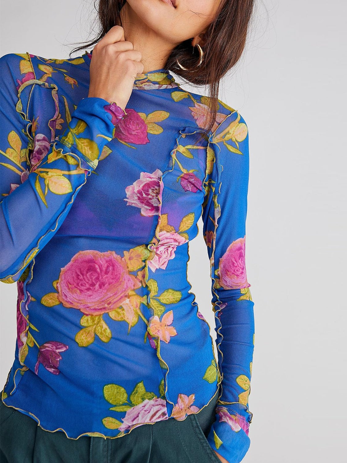 Floral Mock Neck Long Sleeve Top-TOPS / DRESSES-[Adult]-[Female]-Royal Blue-S-2022 Online Blue Zone Planet