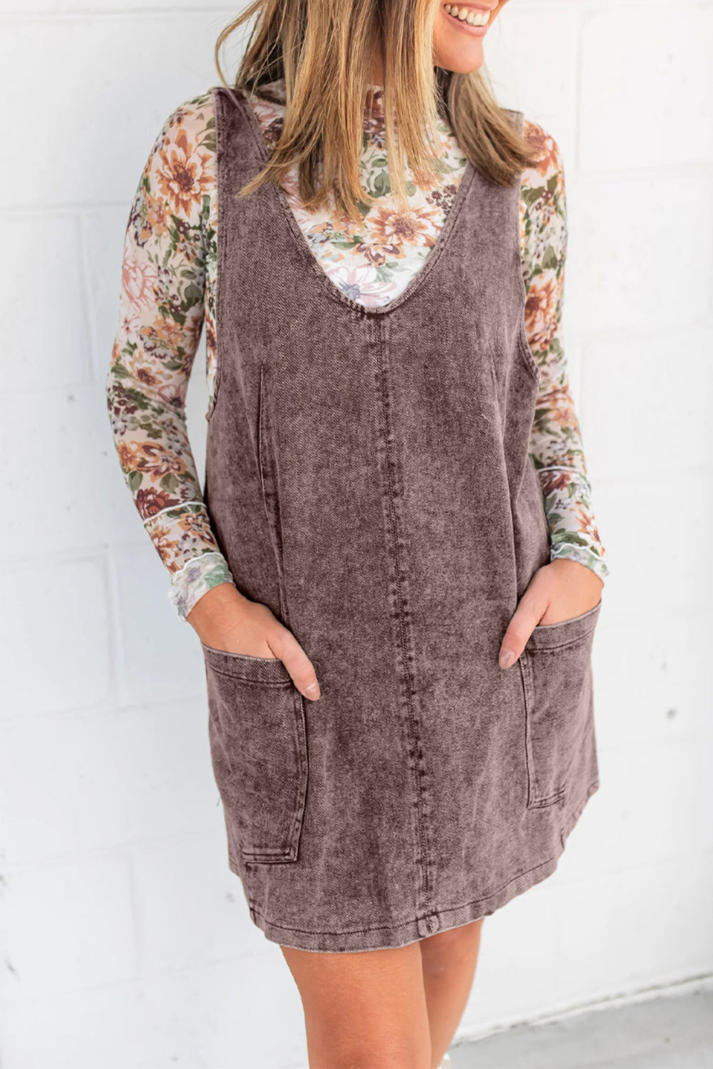 Vintage Washed Denim Suspender V Neck Patch Pocket Mini Dress