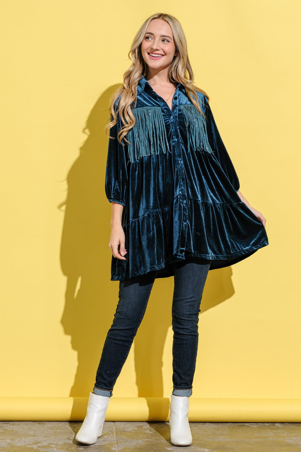 And The Why Fringe Detailed Velvet Shirt Dress-TOPS / DRESSES-[Adult]-[Female]-2022 Online Blue Zone Planet