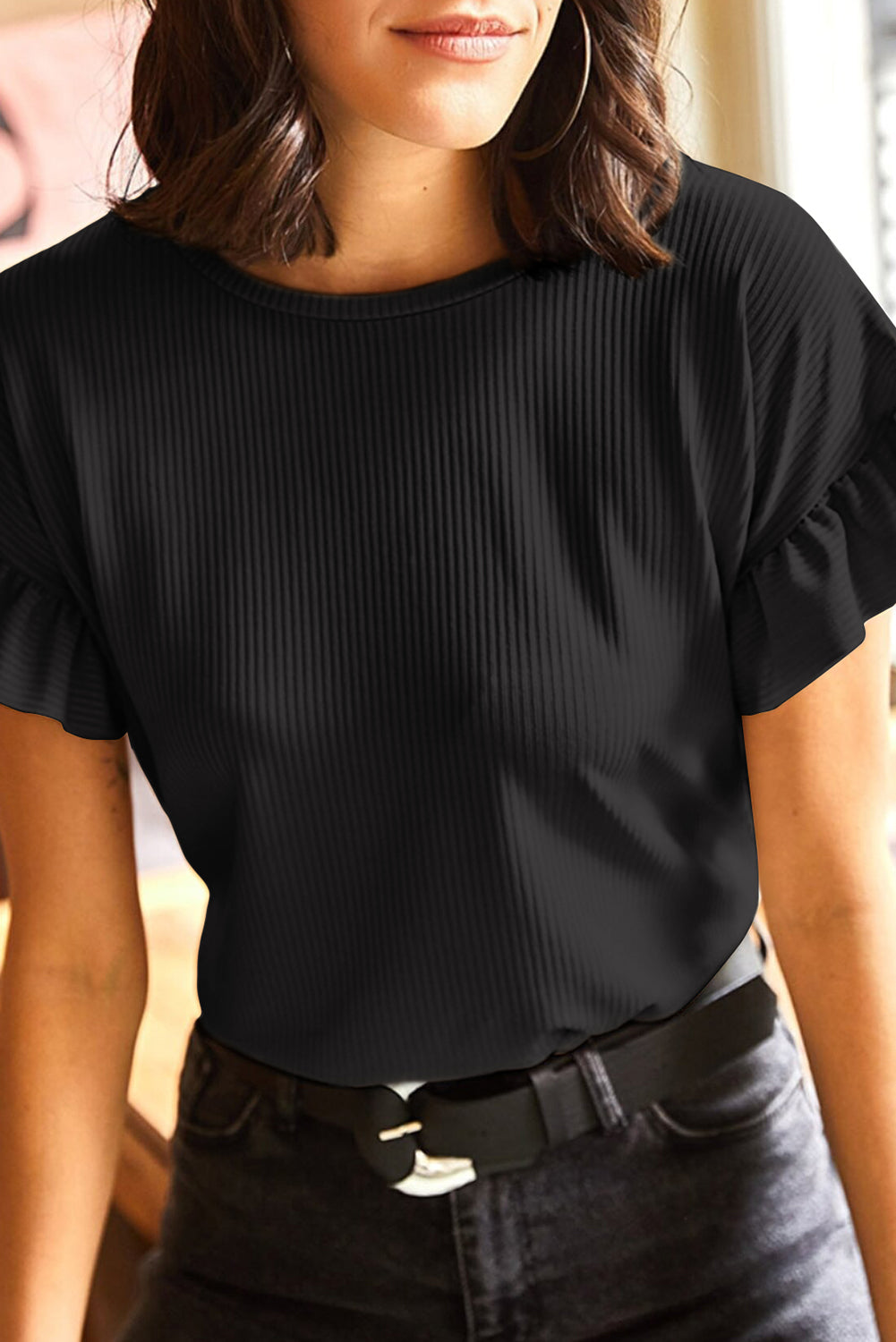 Black Solid Color Ribbed Ruffled Short Sleeve T Shirt-Tops/Tops & Tees-[Adult]-[Female]-Black-S-2022 Online Blue Zone Planet