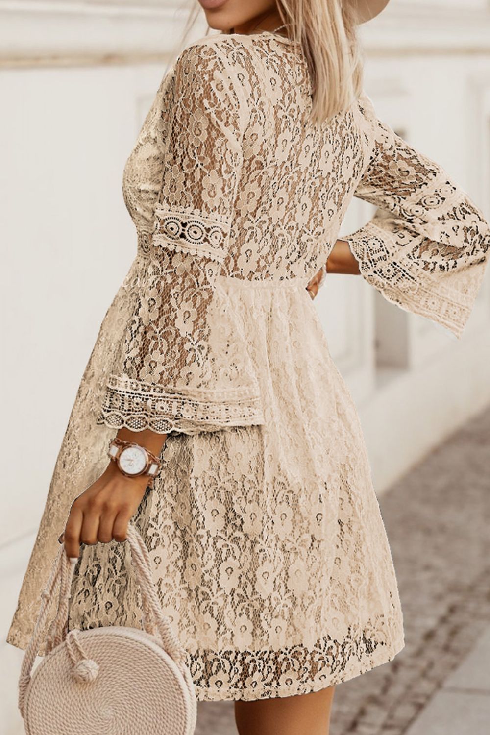 Blue Zone | Lace V-Neck Three-Quarter Sleeve Dress - Blue Zone Tan / M by Blue Zone Planet Blue Zone | Lace V-Neck Three-Quarter Sleeve Dress - Blue Zone Tan / M by Blue Zone Planet