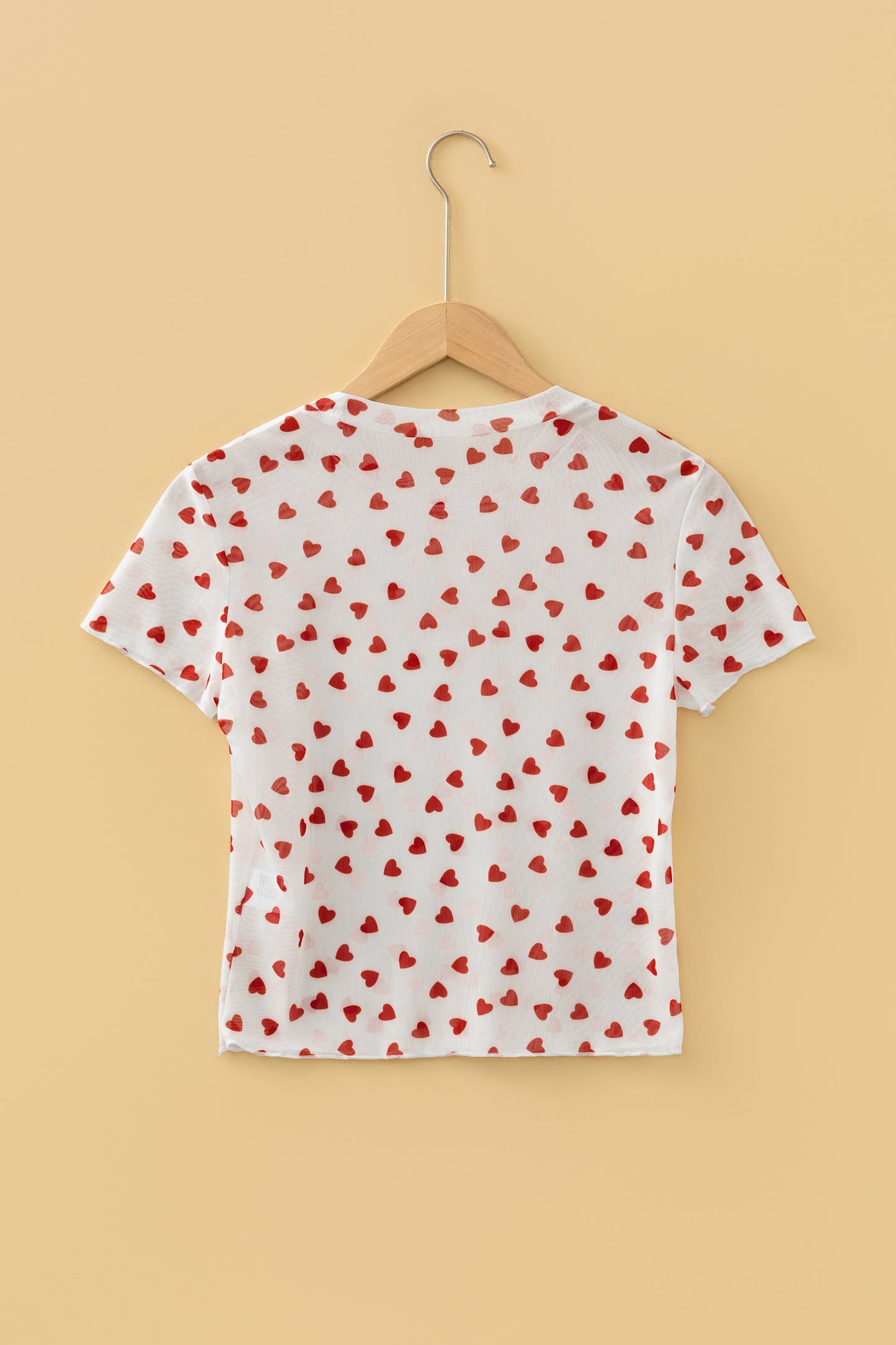 Red Allover Heart Print Mesh Short Sleeve Top-Tops/Tops & Tees-[Adult]-[Female]-2022 Online Blue Zone Planet
