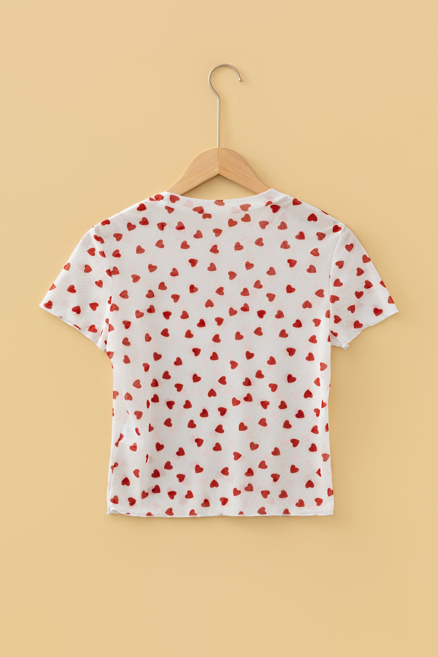 Red Allover Heart Print Mesh Short Sleeve Top-Tops/Tops & Tees-[Adult]-[Female]-2022 Online Blue Zone Planet