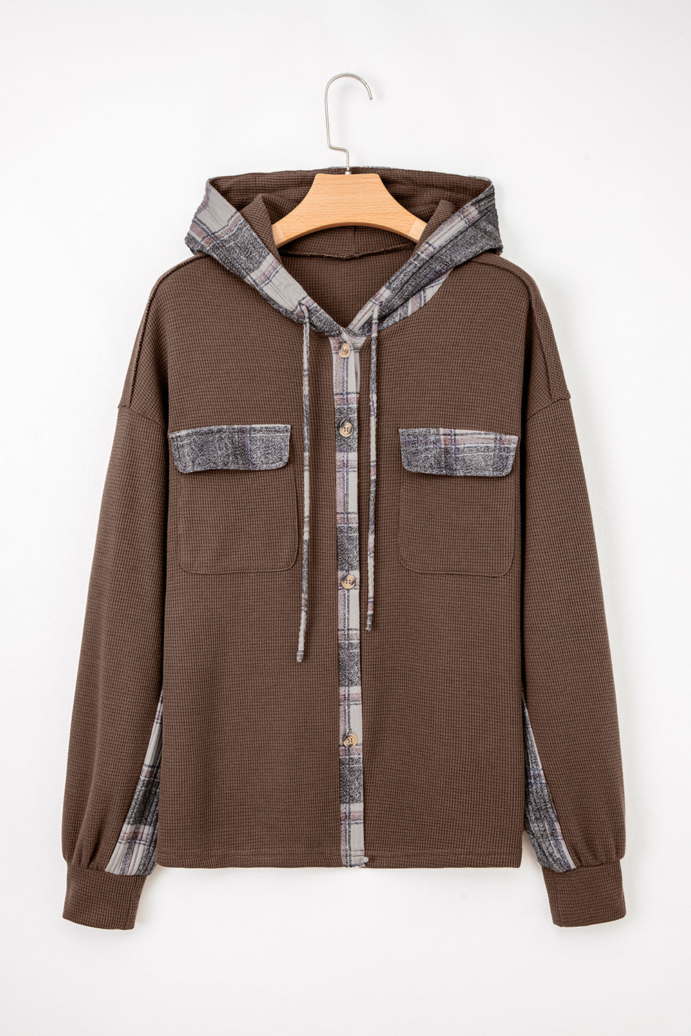 Brown Plaid Patchwork Button Down Drawstring Hooded Shacket-Tops / Dresses-[Adult]-[Female]-2022 Online Blue Zone Planet