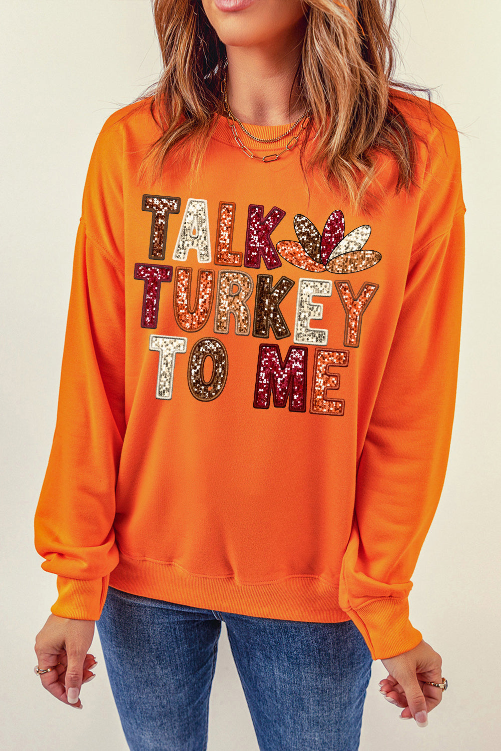 Orange TALK TURKEY TO ME Heat Transfer Printing Graphic Thanksgiving Holiday Sweatshirt-Graphic/Graphic Sweatshirts-[Adult]-[Female]-2022 Online Blue Zone Planet