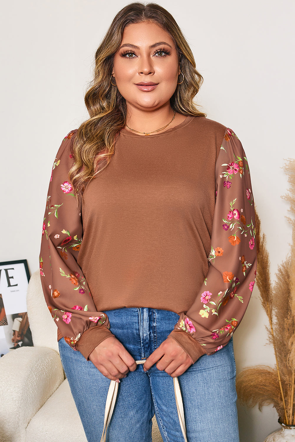 Brown Floral Sleeve Patchwork Round Neck Plus Blouse-Plus Size/Plus Size Tops/Plus Size Blouses & Shirts-[Adult]-[Female]-2022 Online Blue Zone Planet