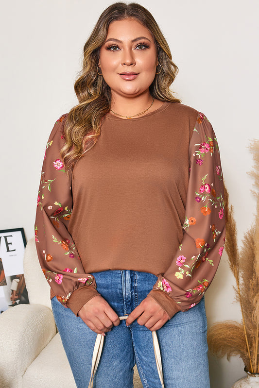 Brown Floral Sleeve Patchwork Round Neck Plus Blouse-Plus Size/Plus Size Tops/Plus Size Blouses & Shirts-[Adult]-[Female]-2022 Online Blue Zone Planet