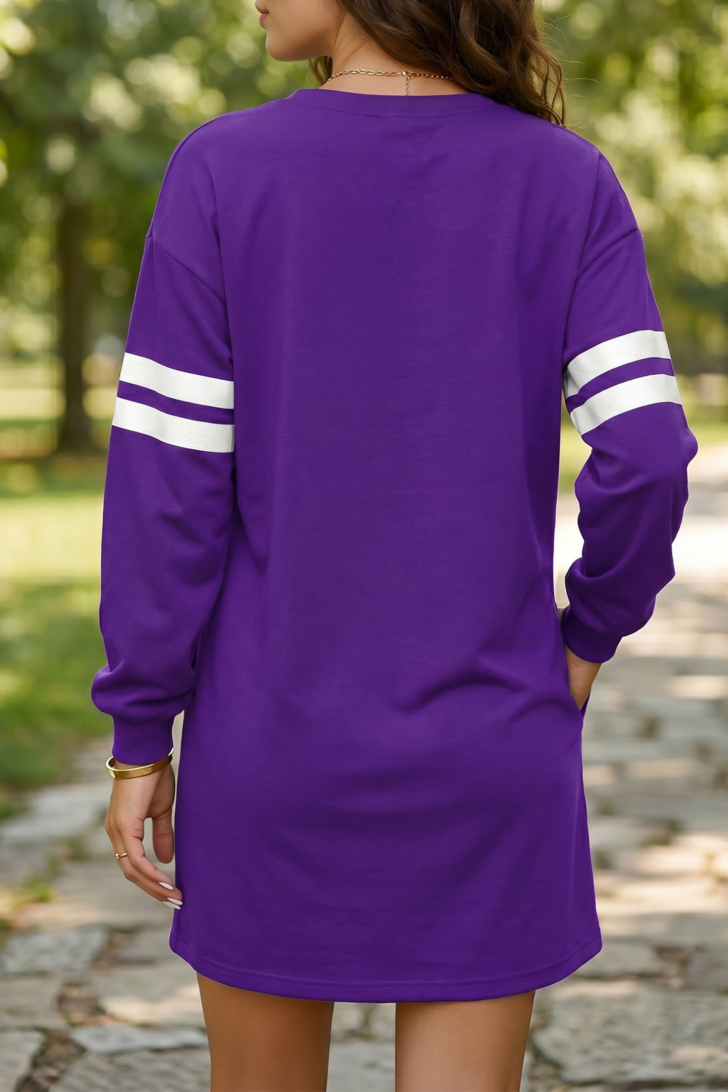 Tillandsia Purple Varsity Contrast Banded Sleeve Shift Sweatshirt Dress-TOPS / DRESSES-[Adult]-[Female]-2022 Online Blue Zone Planet