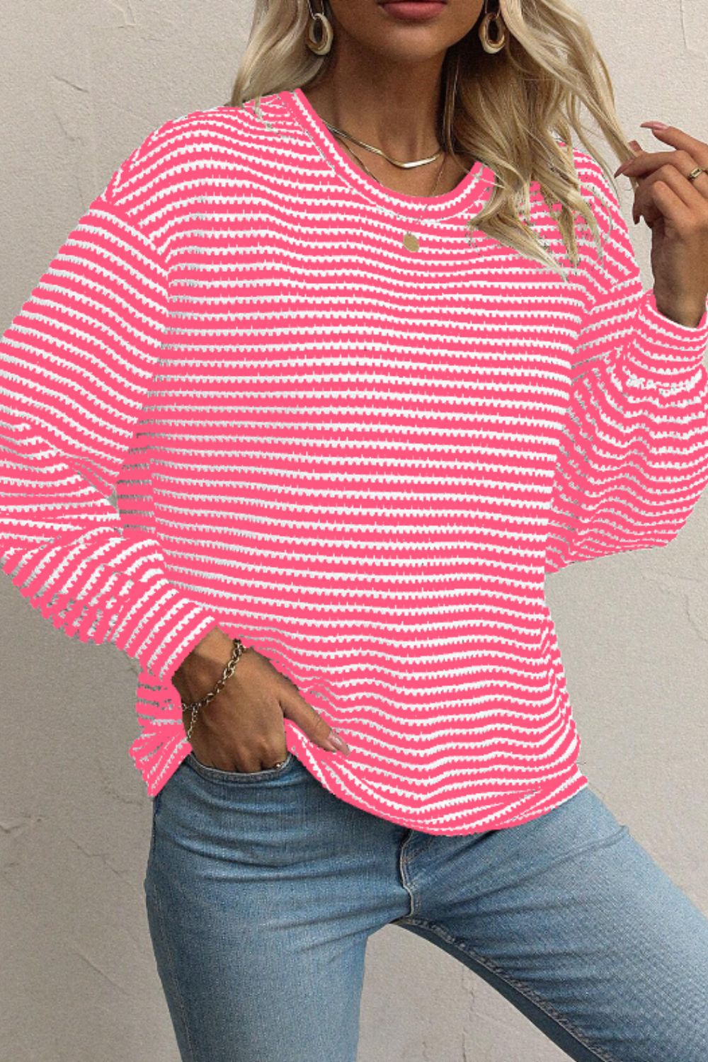 Blue Zone Planet | Striped Round Neck Long Sleeve Top-TOPS / DRESSES-[Adult]-[Female]-Pink-S-2022 Online Blue Zone Planet