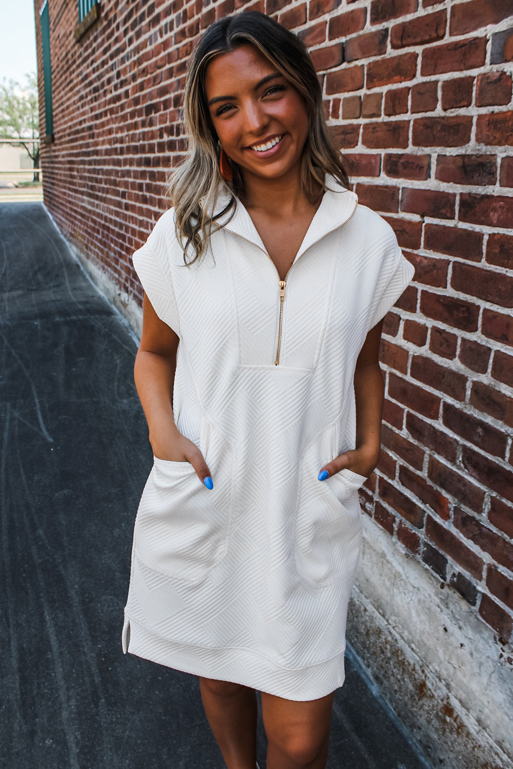 White Textured Half Zip Collared Cap Sleeve Mini Dress-TOPS / DRESSES-[Adult]-[Female]-2022 Online Blue Zone Planet