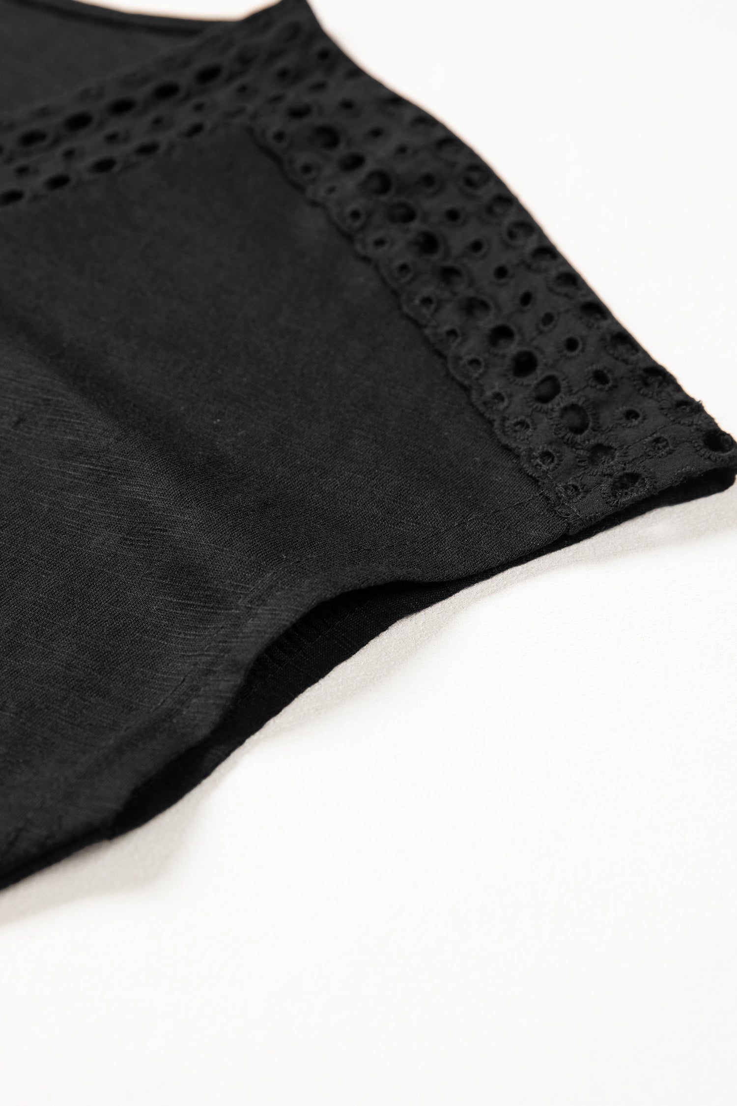 Black Cutout Embroidered Trim V Neck Cap Sleeve Tee-Tops/Tops & Tees-[Adult]-[Female]-2022 Online Blue Zone Planet