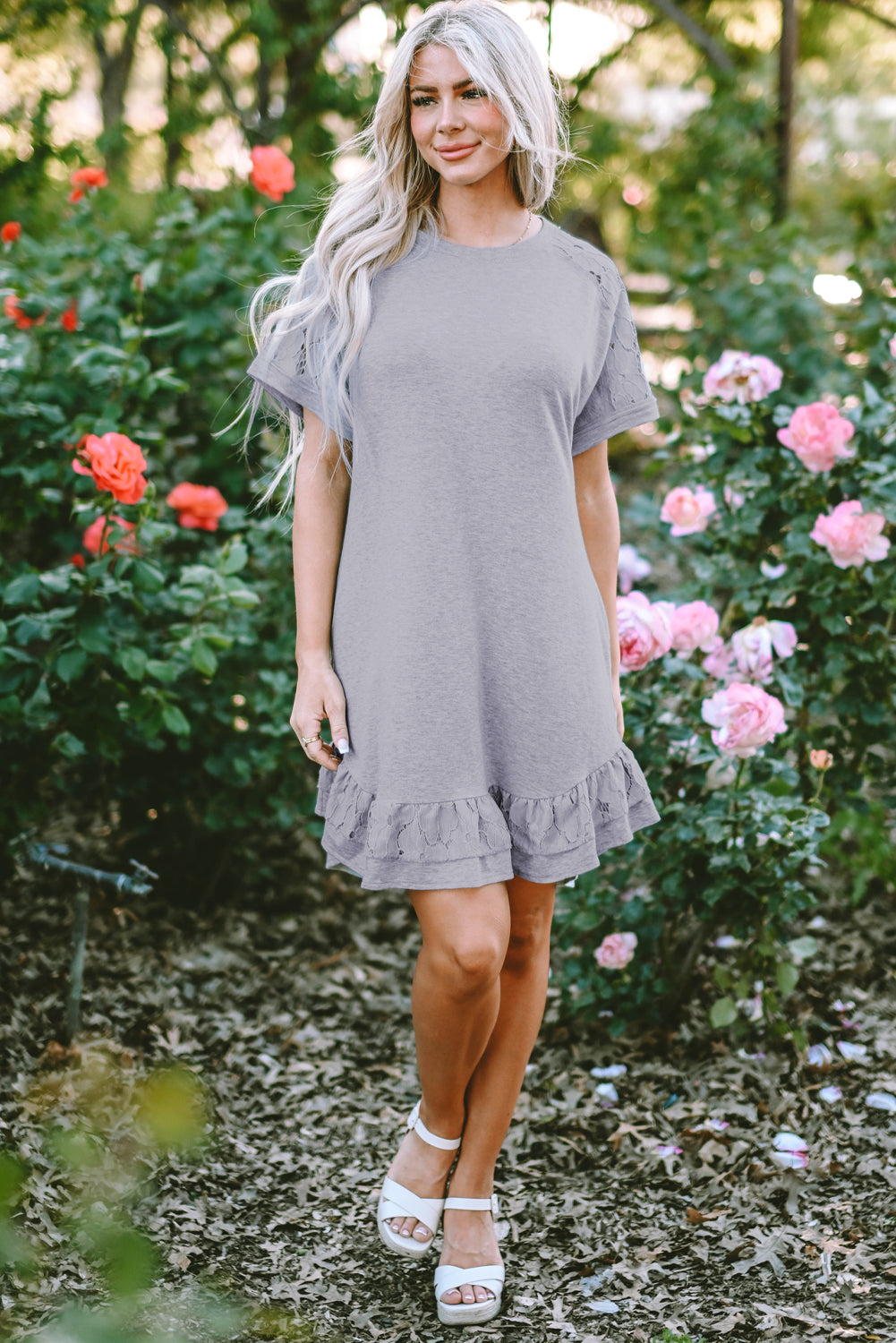 Light Grey Lace Floral Patchwork Ruffled T-shirt Dress Blue Zone Planet