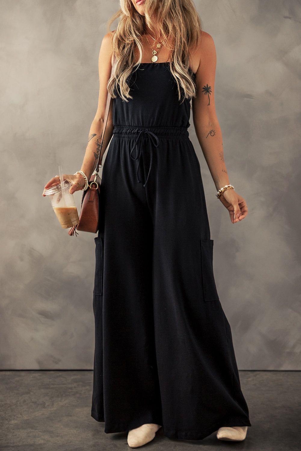 Black Drawstring Wide Leg Cargo Pockets Sleeveless Jumpsuit-Bottoms/Jumpsuits & Rompers-[Adult]-[Female]-2022 Online Blue Zone Planet