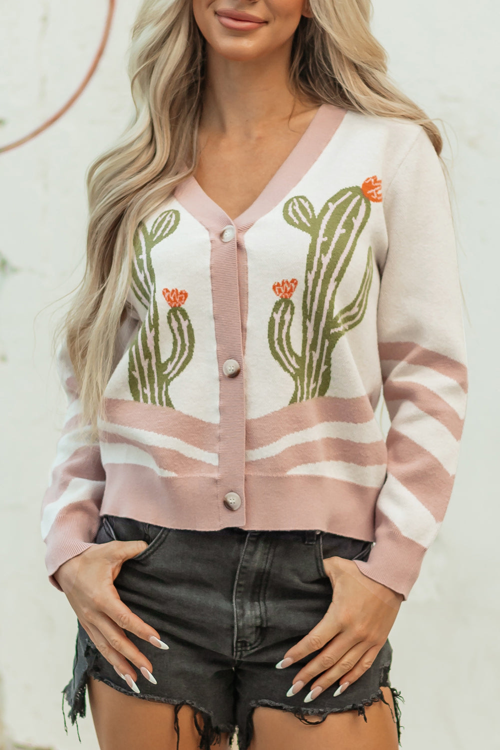 Apricot Desert Cactus Buttoned Front Sweater Cardigan-Sweaters & Cardigans/Cardigans-[Adult]-[Female]-2022 Online Blue Zone Planet