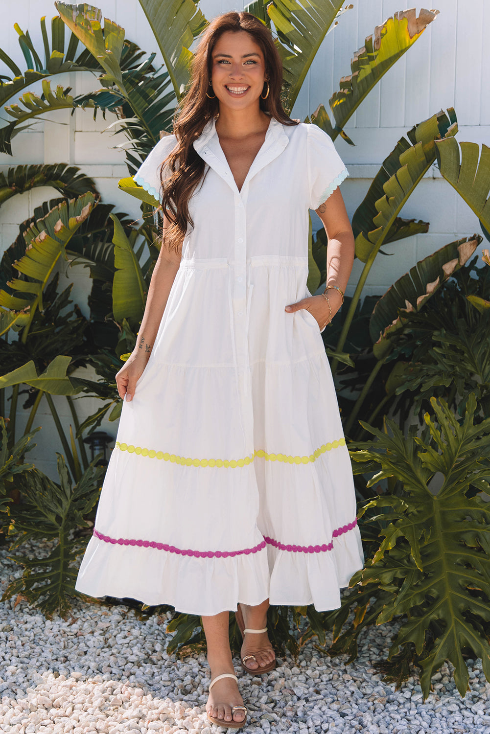 Blue Zone Planet | White Colorblock Rickrack Trim Short Sleeve Drawstring Waist Long Dress-TOPS / DRESSES-[Adult]-[Female]-2022 Online Blue Zone Planet