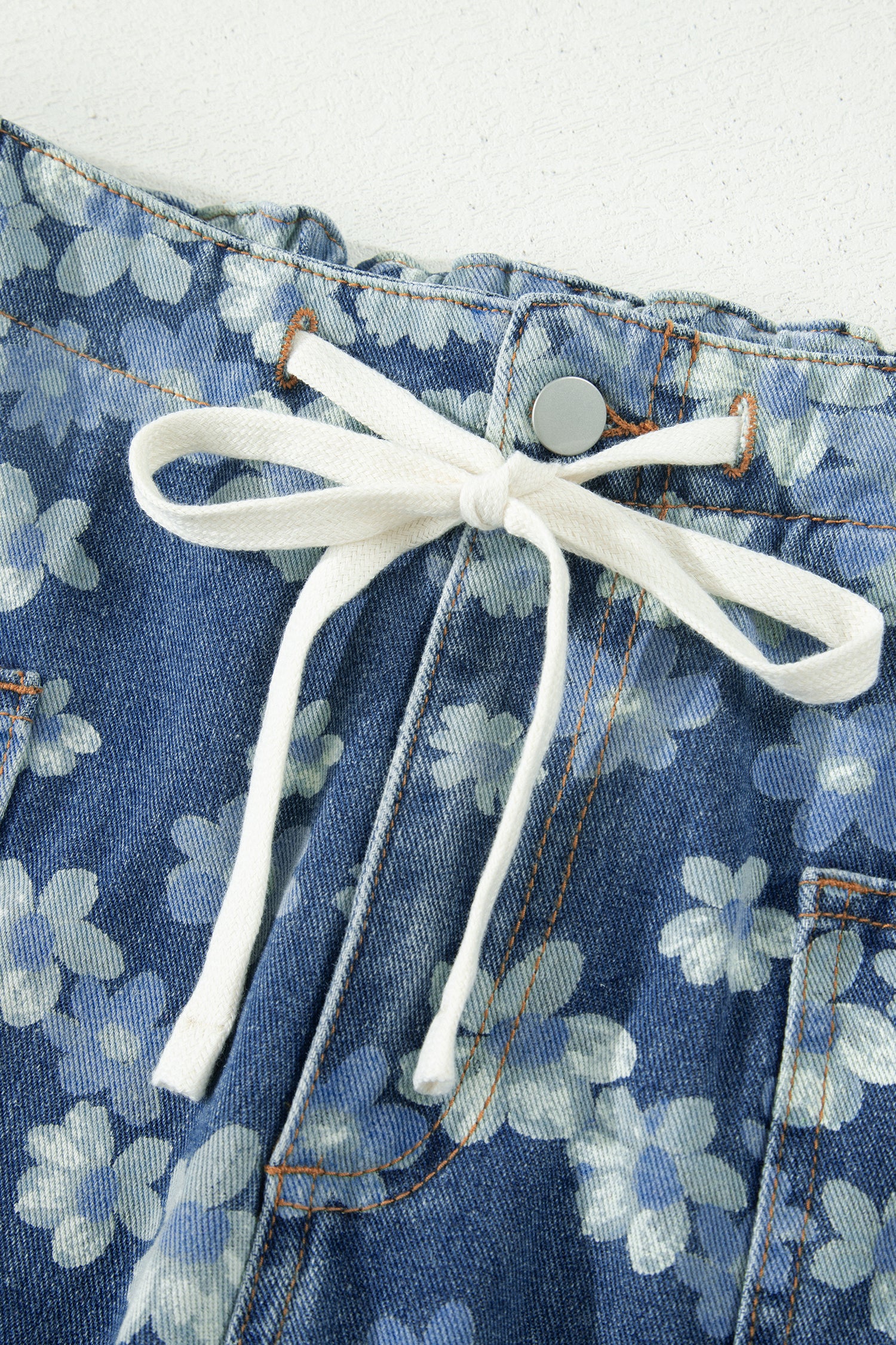 Sky Blue Dainty Floral Printed Drawstring Barrel Jeans-Bottoms/Jeans-[Adult]-[Female]-2022 Online Blue Zone Planet