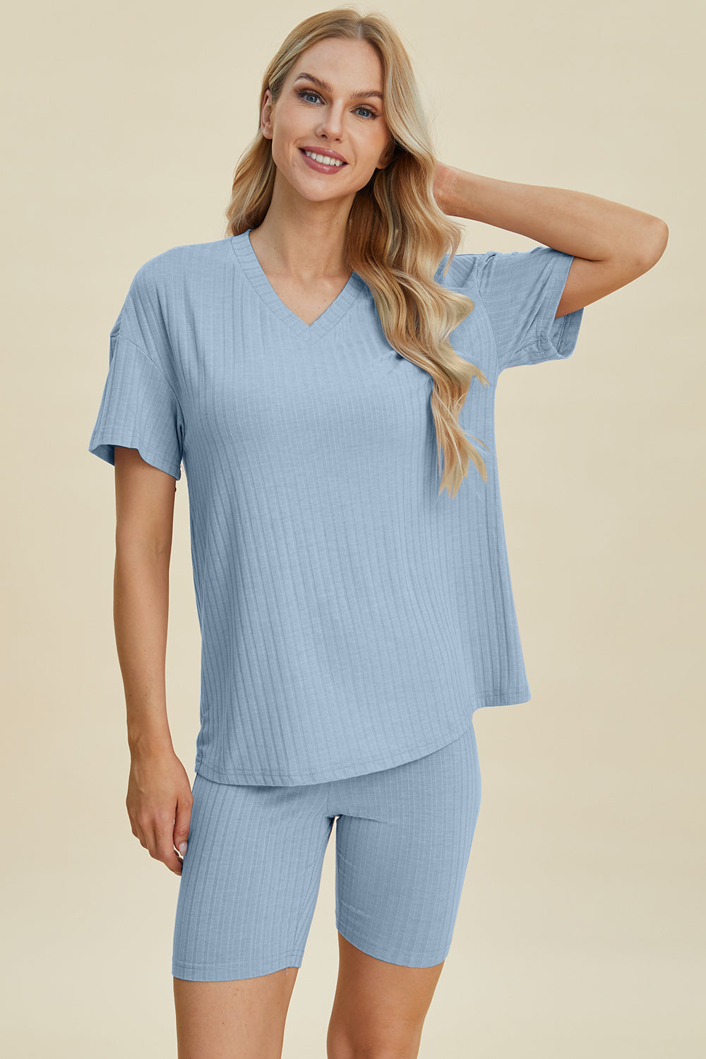 Basic Bae Full Size Ribbed V-Neck Short Sleeve Top and Shorts Set-TOPS / DRESSES-[Adult]-[Female]-2022 Online Blue Zone Planet