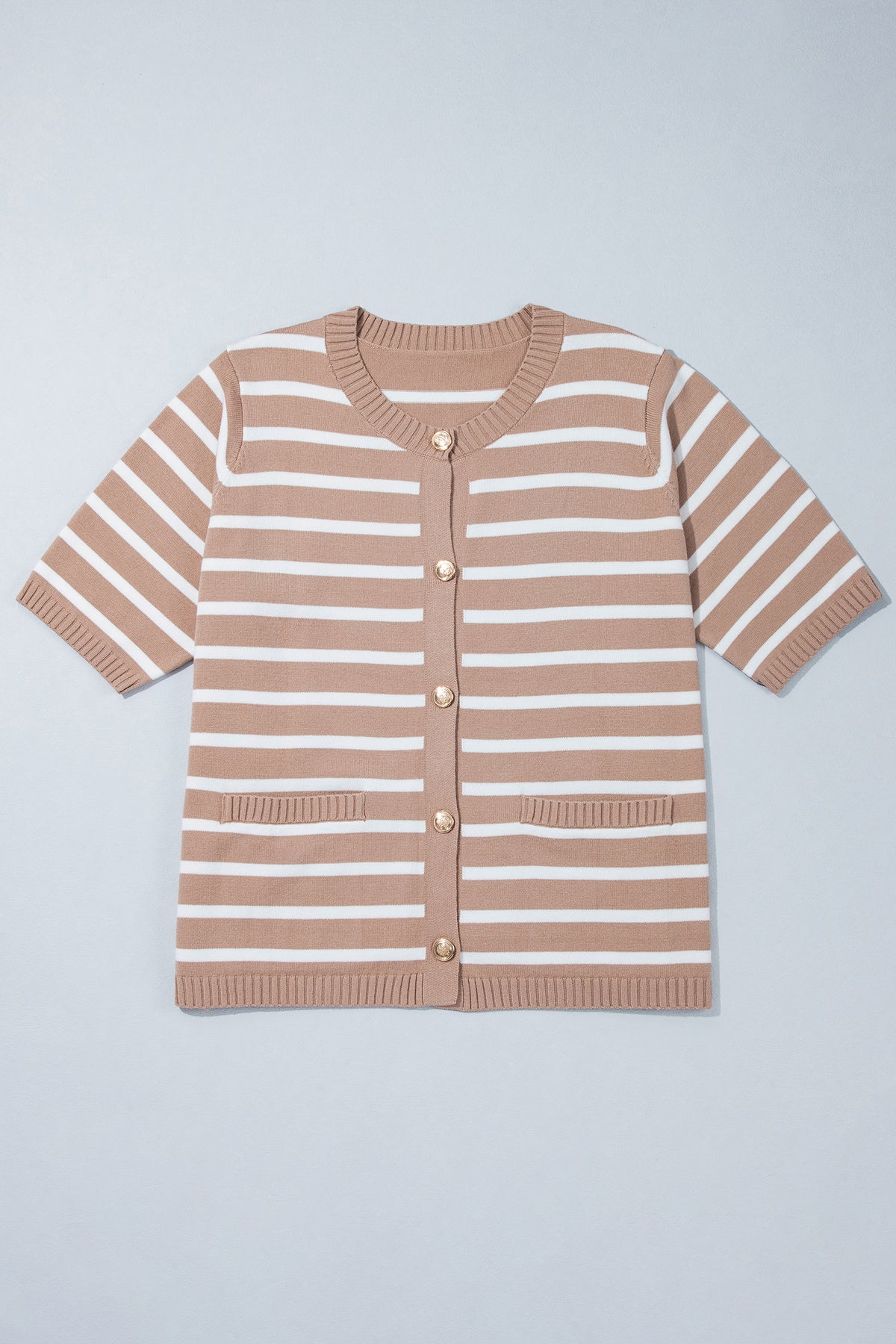 Khaki Stripe Button Down Short Sleeve Knit Plus Size Cardigan-Plus Size/Plus Size Sweaters & Cardigans-[Adult]-[Female]-2022 Online Blue Zone Planet