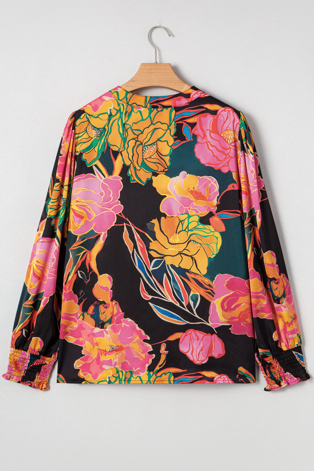 Black Floral Print Smocked Cuffs Puff Sleeve V Neck Blouse-Tops/Blouses & Shirts-[Adult]-[Female]-2022 Online Blue Zone Planet