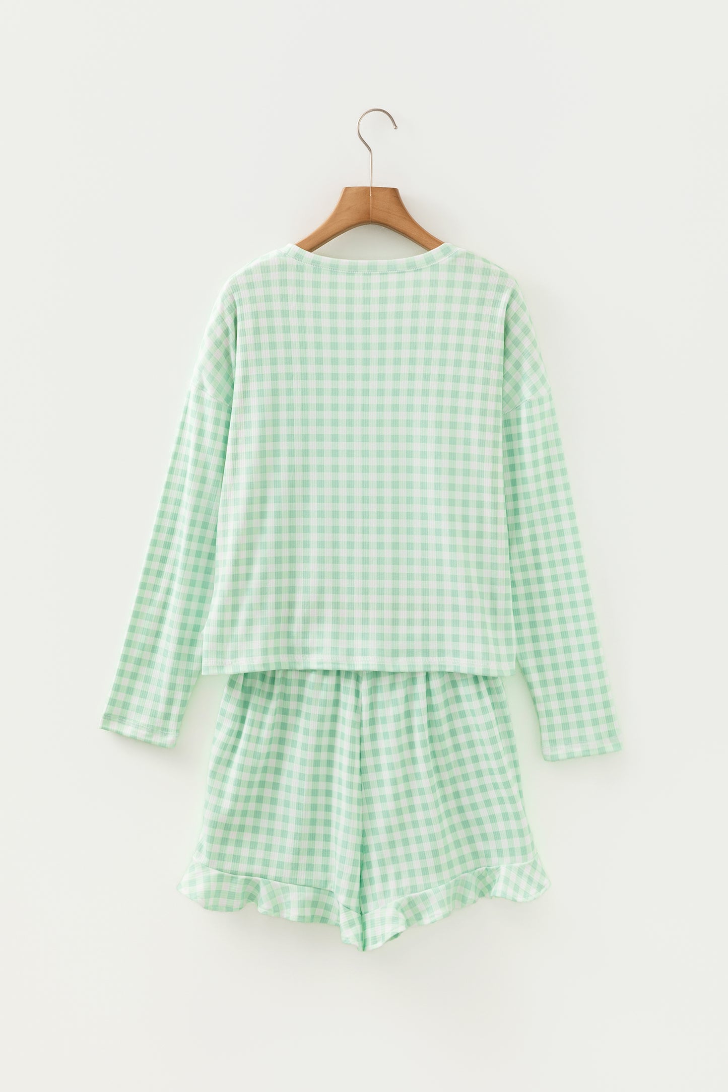 Green Gingham Long Sleeve Loose Top Drawstring Shorts 2pcs Lounge Set-Loungewear & Sleepwear/Loungewear-[Adult]-[Female]-2022 Online Blue Zone Planet