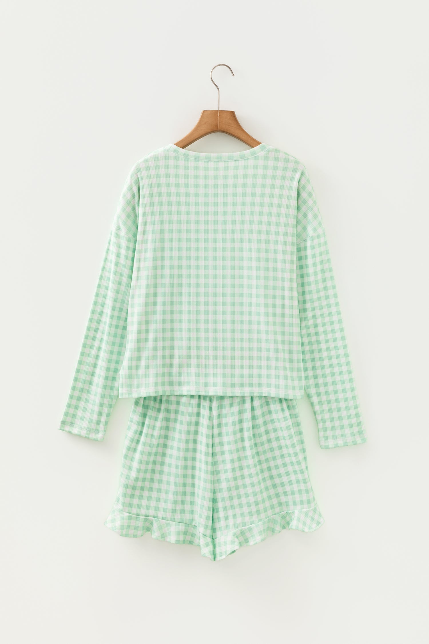 Green Gingham Long Sleeve Loose Top Drawstring Shorts 2pcs Lounge Set-Loungewear & Sleepwear/Loungewear-[Adult]-[Female]-2022 Online Blue Zone Planet