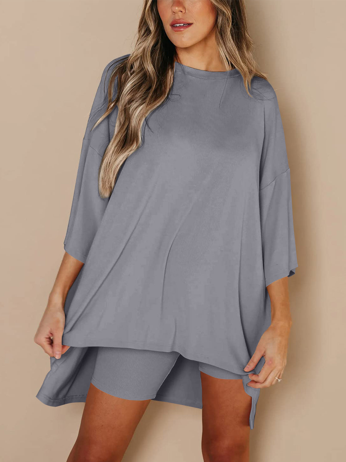 Full Size Round Neck Top and Skinny Shorts Set-TOPS / DRESSES-[Adult]-[Female]-Dark Gray-S-2022 Online Blue Zone Planet