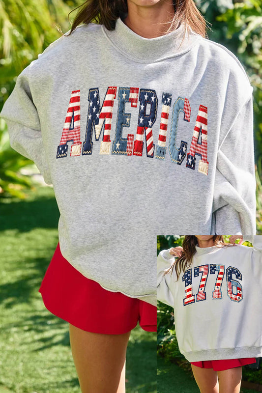Light Grey AMERICA 1776 Faux Patchwork Print Reversible Mock Neck Sweatshirt-Graphic/Graphic Sweatshirts-[Adult]-[Female]-Light Grey-S-2022 Online Blue Zone Planet