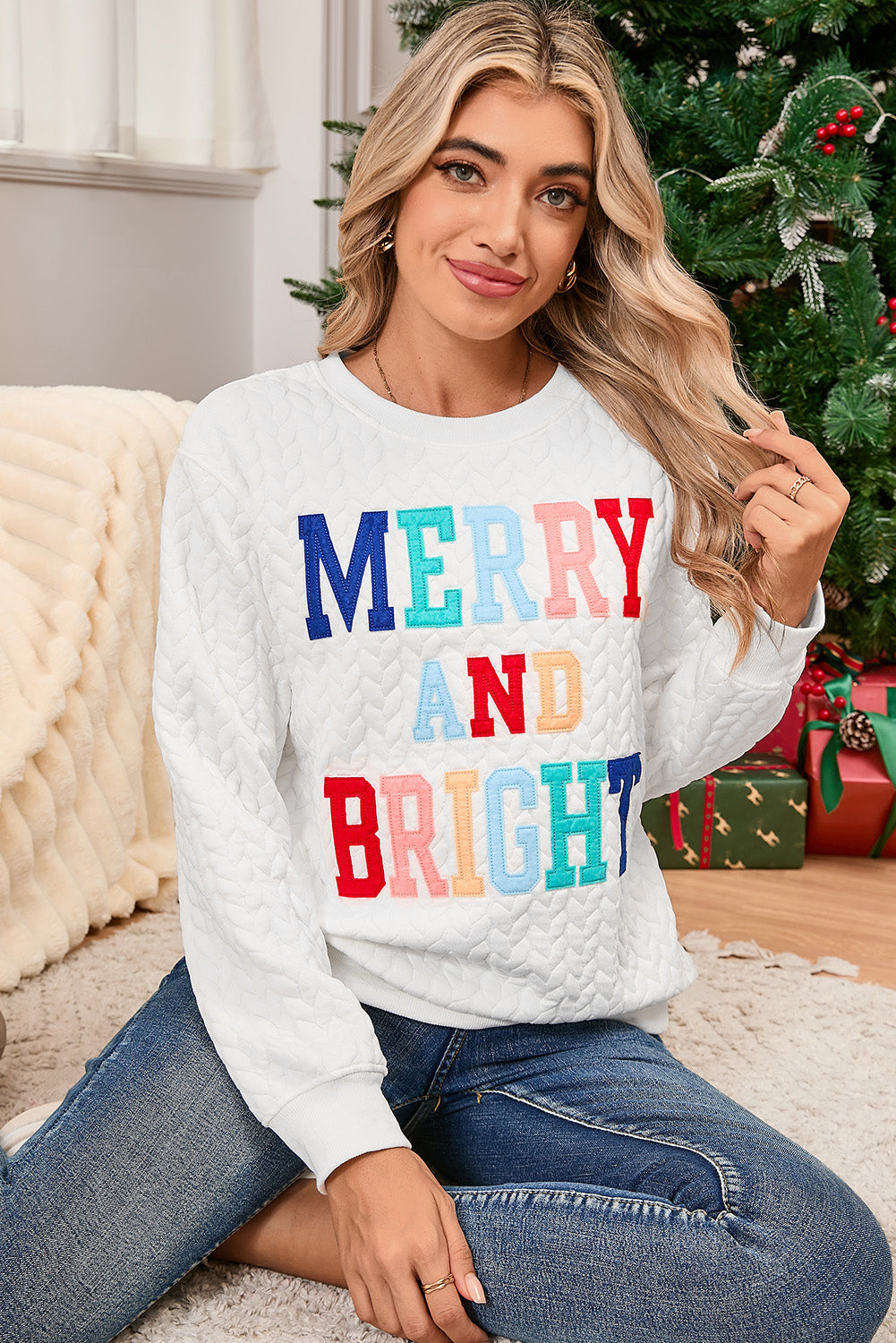 White Merry and Bright Quilted Sweatshirt-Sweatshirts & Hoodies-[Adult]-[Female]-2022 Online Blue Zone Planet