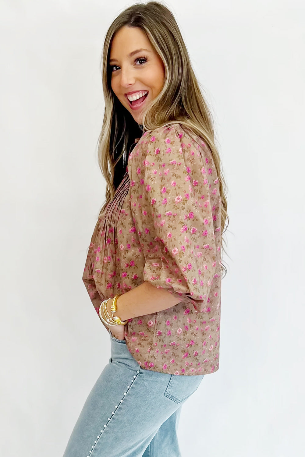Light French Beige Floral Print Bow Pintuck Bust Half Puff Sleeve Blouse Top-Tops/Blouses & Shirts-[Adult]-[Female]-2022 Online Blue Zone Planet