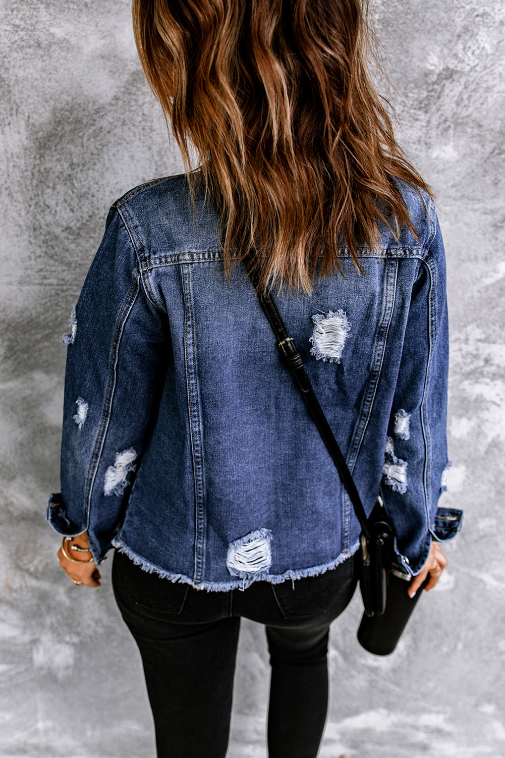 Blue Lapel Distressed Raw Hem Buttons Denim Jacket-Outerwear/Denim jackets-[Adult]-[Female]-2022 Online Blue Zone Planet