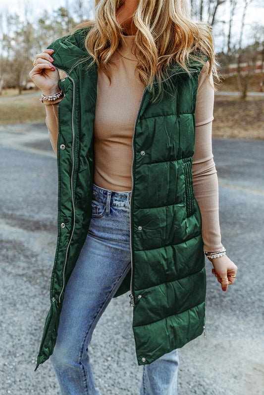 Green Hooded Long Quilted Vest Coat-Outerwear/Vests-[Adult]-[Female]-Green-S-2022 Online Blue Zone Planet