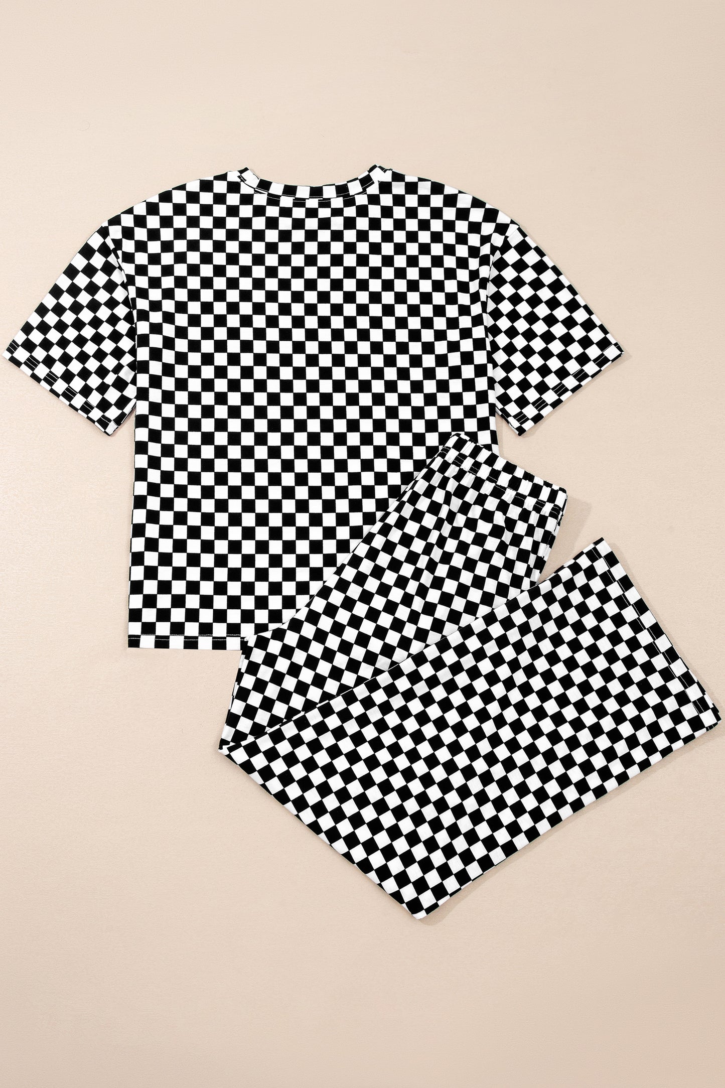 Black Checkered Print Half Sleeve Tee 2pcs Lounge Pant Set-Loungewear & Sleepwear/Loungewear-[Adult]-[Female]-2022 Online Blue Zone Planet