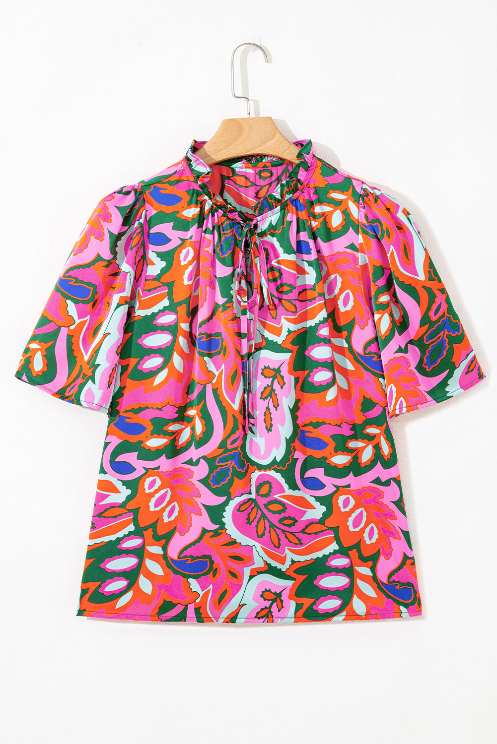 Rose Summer Plant Print Lace Up V Neck Short Sleeve Blouse-Tops/Blouses & Shirts-[Adult]-[Female]-2022 Online Blue Zone Planet