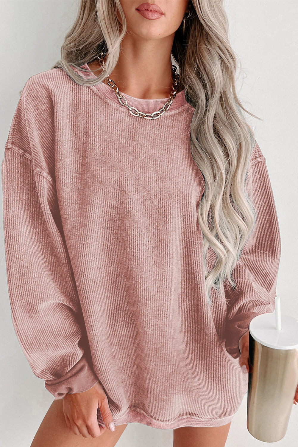 Khaki Solid Ribbed Knit Round Neck Pullover Sweatshirt-Tops/Sweatshirts & Hoodies-[Adult]-[Female]-Pink-S-2022 Online Blue Zone Planet