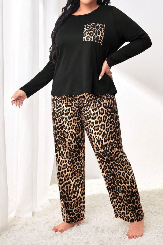 Black Leopard Patched Pocket Long Sleeve Top Plus Size Pants Set-Plus Size/Plus Size Loungewear-[Adult]-[Female]-Black-1X-2022 Online Blue Zone Planet