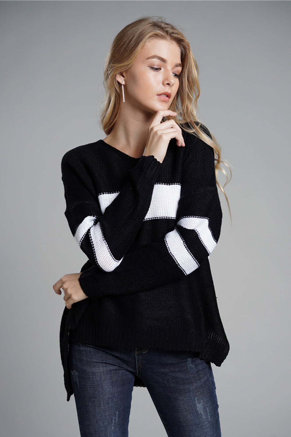 Slit Contrast V-Neck Long Sleeve Sweater-TOPS / DRESSES-[Adult]-[Female]-2022 Online Blue Zone Planet