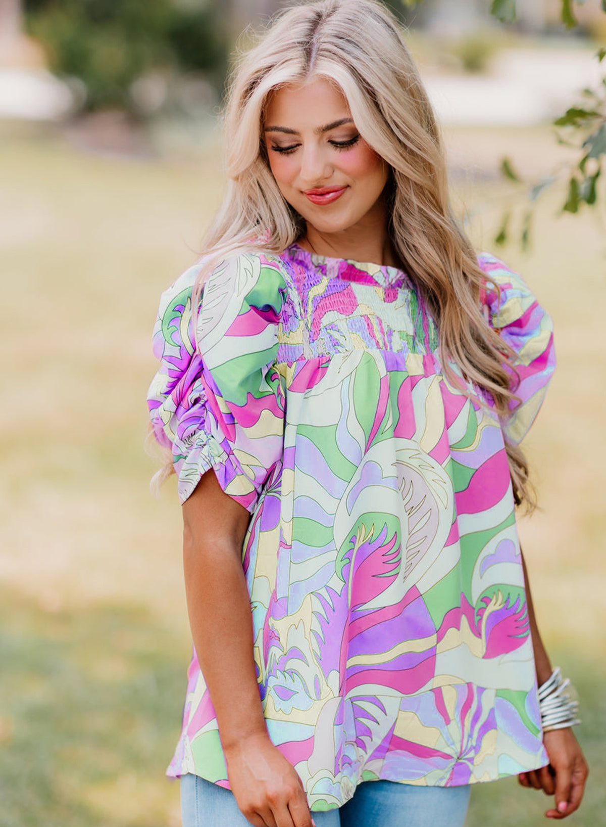 Green Abstract Print Bubble Sleeve Smock Detail Blouse-Tops/Blouses & Shirts-[Adult]-[Female]-2022 Online Blue Zone Planet